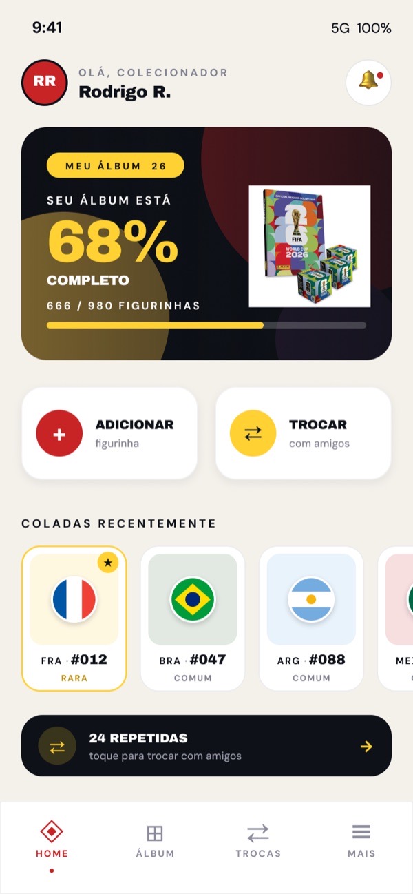 Tela inicial do app com progresso do álbum
