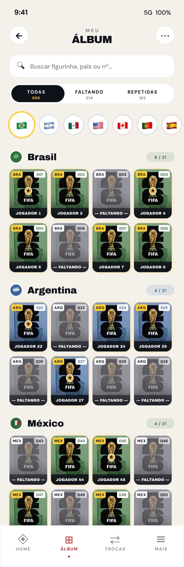 Tela Meu Álbum, com as figurinhas por seleção